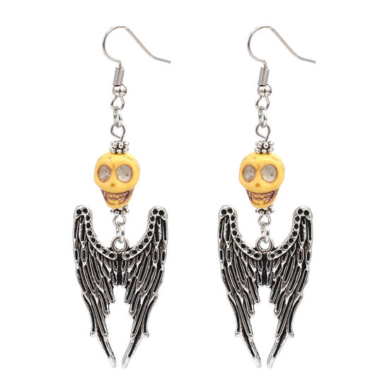 Picture of Halloween Earrings Antique Silver Color Yellow Skeleton Skull Wing (Can Hold ss4 Pointed Back Rhinestone) 8cm x 2.2cm, Post/ Wire Size: (21 gauge), 1 Pair