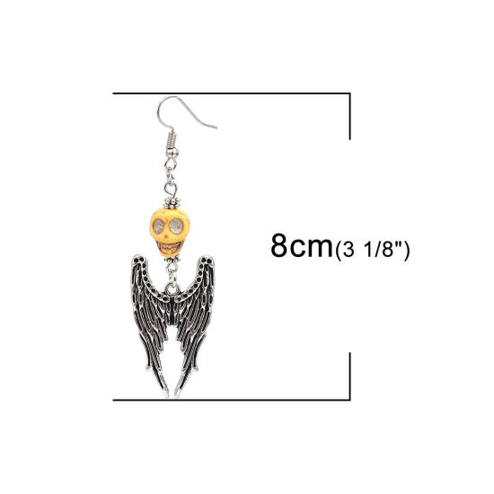 Picture of Halloween Earrings Antique Silver Color Yellow Skeleton Skull Wing (Can Hold ss4 Pointed Back Rhinestone) 8cm x 2.2cm, Post/ Wire Size: (21 gauge), 1 Pair