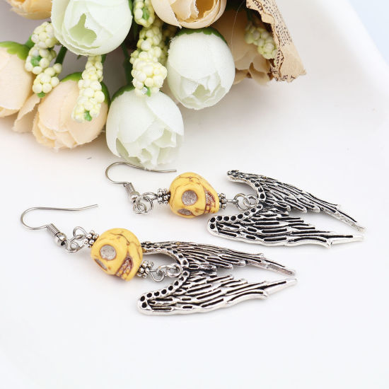 Picture of Halloween Earrings Antique Silver Color Yellow Skeleton Skull Wing (Can Hold ss4 Pointed Back Rhinestone) 8cm x 2.2cm, Post/ Wire Size: (21 gauge), 1 Pair