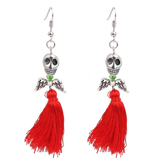 Picture of Halloween Earrings Antique Silver Color Red Skull Tassel 9.4cm x 1.3cm, Post/ Wire Size: (21 gauge), 1 Pair