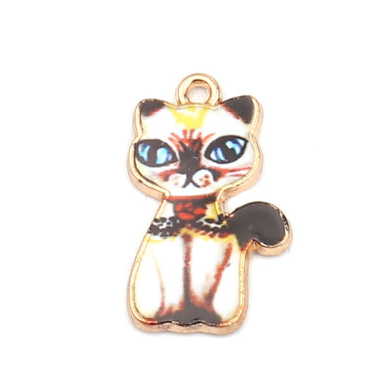 亜鉛合金 チャーム 猫 金メッキ 多色 エナメル 23mm x 14mm、 10 個 の画像