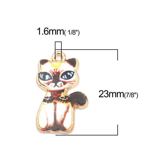 亜鉛合金 チャーム 猫 金メッキ 多色 エナメル 23mm x 14mm、 10 個 の画像