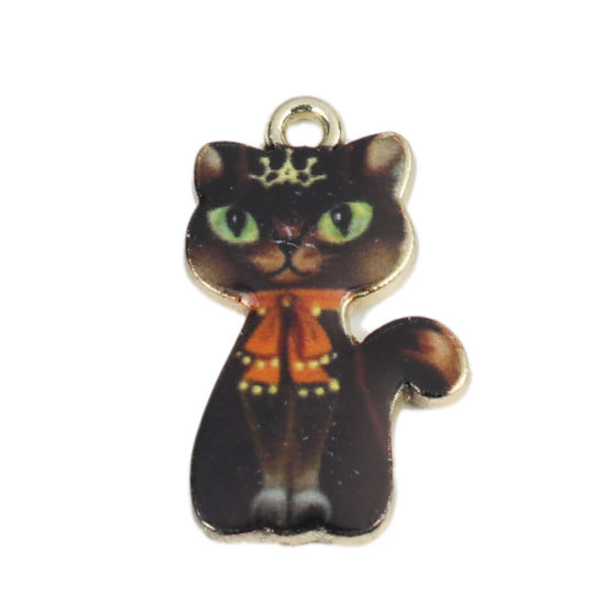 Picture of Zinc Based Alloy Charms Cat Animal Gold Plated Multicolor Enamel 23mm x 14mm, 10 PCs