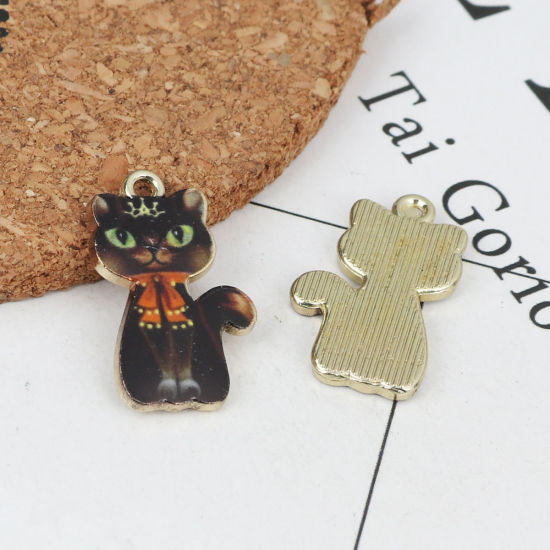 亜鉛合金 チャーム 猫 金メッキ 多色 エナメル 23mm x 14mm、 10 個 の画像