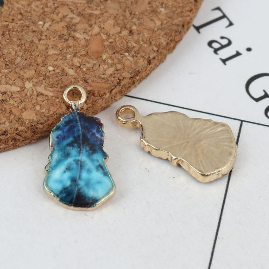 Picture of Zinc Based Alloy Charms Feather Gold Plated Blue Enamel 19mm x 10mm, 10 PCs