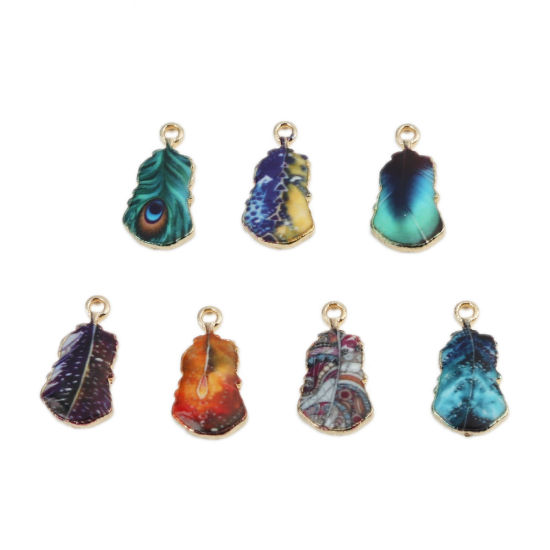 Picture of Zinc Based Alloy Charms Feather Gold Plated Blue Enamel 19mm x 10mm, 10 PCs