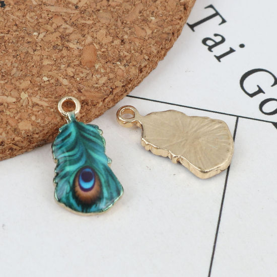 Picture of Zinc Based Alloy Pendants Peacock Feather Gold Plated Green Enamel 31mm x 17mm, 10 PCs
