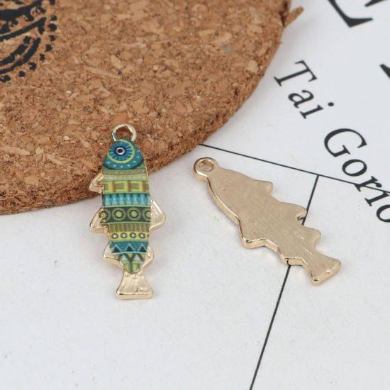 Picture of Zinc Based Alloy Ocean Jewelry Charms Fish Animal Gold Plated Multicolor Enamel 27mm x 11mm, 10 PCs