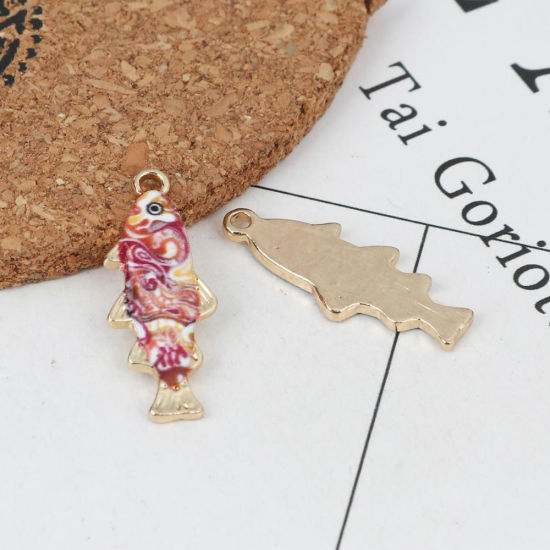 Picture of Zinc Based Alloy Ocean Jewelry Charms Fish Animal Gold Plated Multicolor Enamel 27mm x 11mm, 10 PCs