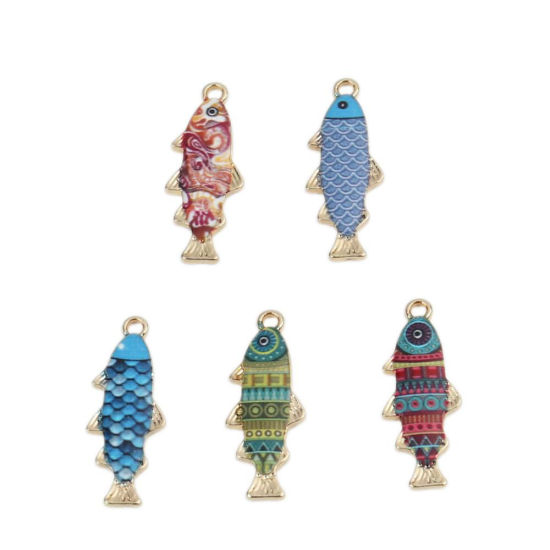 Picture of Zinc Based Alloy Ocean Jewelry Charms Fish Animal Gold Plated Blue Violet Enamel 27mm x 11mm, 10 PCs