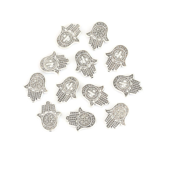 Picture of Zinc Based Alloy Beads Hamsa Symbol Hand Antique Silver Color About 19mm x 16mm, Hole: Approx 1.4mm, 20 PCs