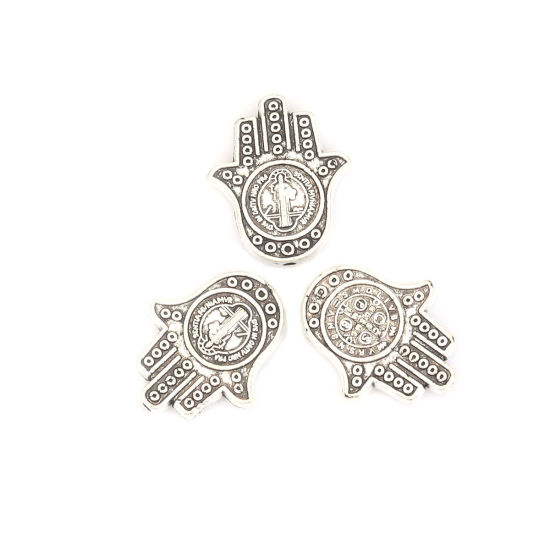 Picture of Zinc Based Alloy Beads Hamsa Symbol Hand Antique Silver Color About 19mm x 16mm, Hole: Approx 1.4mm, 20 PCs