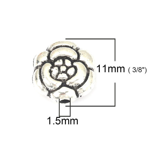 Picture of Zinc Based Alloy Beads Rose Flower Antique Silver Color About 11mm x 11mm, Hole: Approx 1.5mm, 25 PCs