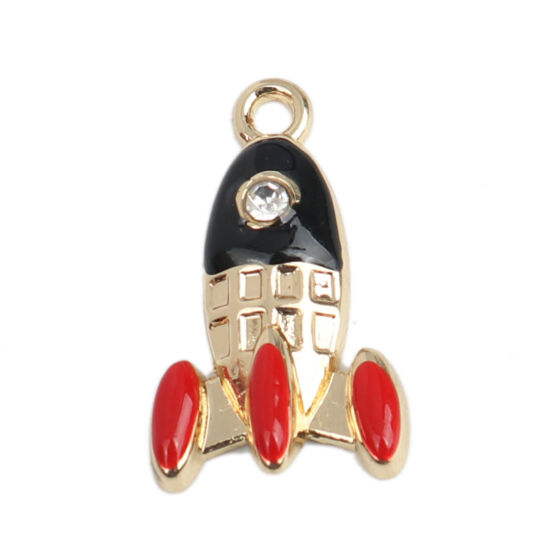 Bild von Zinklegierung Galaxis Charms Rakete Vergoldet Schwarz & Rot Transparent Strass Emaille 23mm x 14mm, 10 Stück