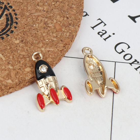 Bild von Zinklegierung Galaxis Charms Rakete Vergoldet Schwarz & Rot Transparent Strass Emaille 23mm x 14mm, 10 Stück