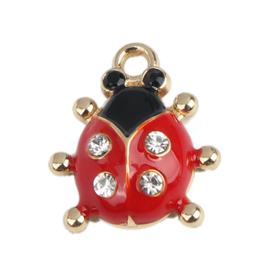 Picture of Zinc Based Alloy Insect Charms Ladybug Animal Gold Plated Black & Red Enamel Clear Rhinestone 19mm x 17mm, 5 PCs