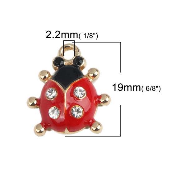 Imagen de Zamak Insecto Colgantes Charms Mariquita Chapado en Oro Negro & Rojo Transparente Rhinestone Esmalte 19mm x 17mm, 5 Unidades
