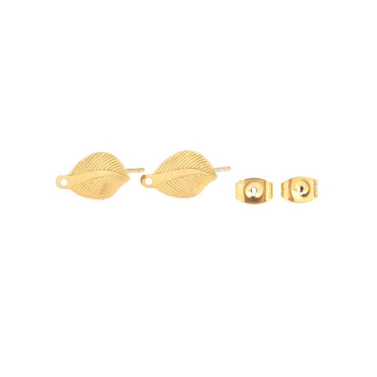Picture of 304 Stainless Steel Ear Post Stud Earrings Leaf Gold Plated W/ Loop 14mm x 8mm, Post/ Wire Size: (21 gauge), 6 PCs