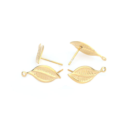 Image de Boucles d'Oreilles Puces en 304 Acier Inoxydable Feuille Doré avec Boucle 19mm x 8mm, Epaisseur de Fil: 0.7mm, 6 Pcs