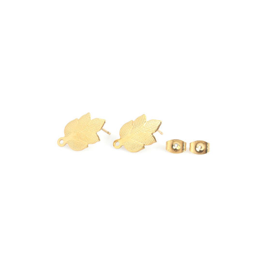 Image de Boucles d'Oreilles Puces en 304 Acier Inoxydable Feuille Doré avec Boucle 17mm x 10mm, Epaisseur de Fil: (21 gauge), 6 Pcs