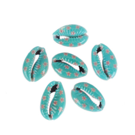 Picture of Natural Shell Loose Beads Conch/ Sea Snail Pink & Lightblue Flower Pattern About 25mm x 17mm-18mm x 14mm, 10 PCs