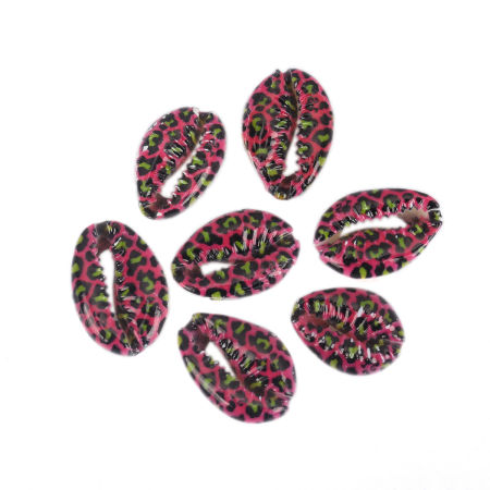 Natural Shell Loose Beads Conch/ Sea Snail Fuchsia & Black Leopard Print Pattern About 25mm x 17mm-18mm x 14mm, 10 PCs