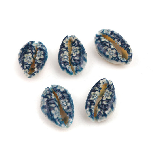 Picture of Natural Shell Loose Beads Conch/ Sea Snail Blue Flower Pattern About 25mm x 17mm-18mm x 14mm, 10 PCs