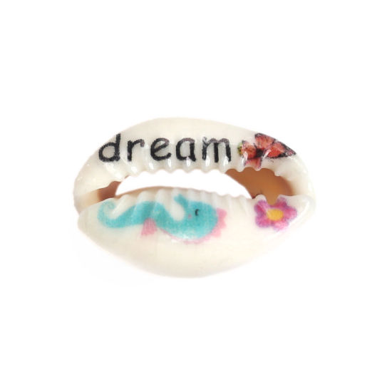 Picture of Natural Shell Loose Beads Conch/ Sea Snail Seahorse Pattern Message " Dream " About 25mm x 17mm-18mm x 14mm, 10 PCs