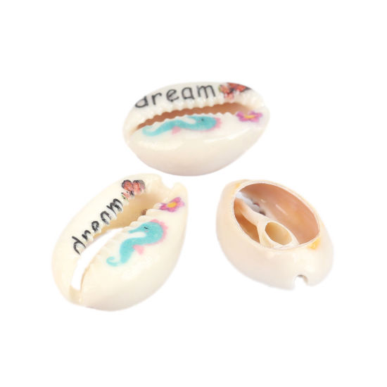 Picture of Natural Shell Loose Beads Conch/ Sea Snail Seahorse Pattern Message " Dream " About 25mm x 17mm-18mm x 14mm, 10 PCs