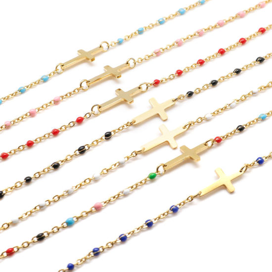 Picture of 1 Set Vacuum Plating 304 Stainless Steel Bracelets Gold Plated Cross Enamel 18cm(7 1/8") long