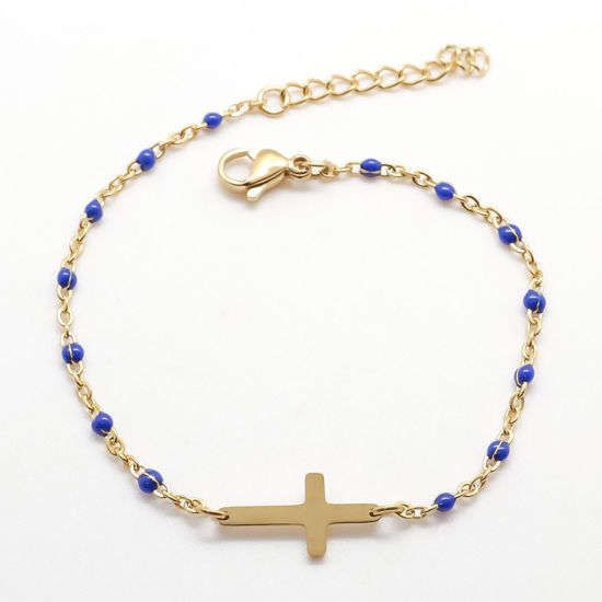 Picture of 304 Stainless Steel Bracelets Gold Plated Cross Enamel Mixed 18cm(7 1/8") long, 1 Set