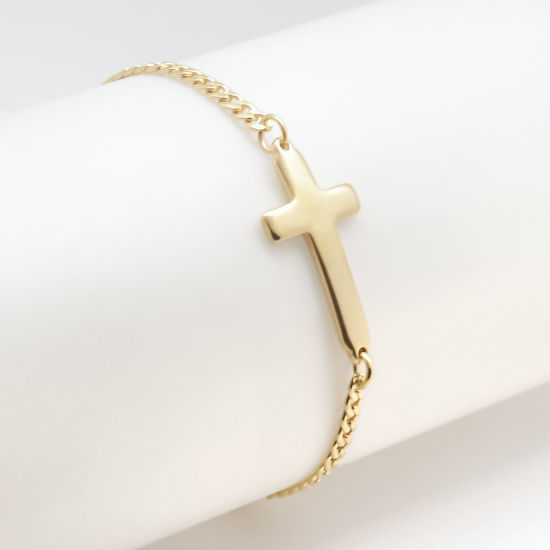 Picture of 304 Stainless Steel Bracelets Gold Plated Cross With Lobster Claw Clasp And Extender Chain 18cm(7 1/8") long, 1 Piece