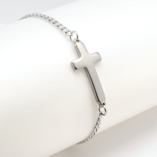 Picture of 304 Stainless Steel Bracelets Silver Tone Cross With Lobster Claw Clasp And Extender Chain 18cm(7 1/8") long, 1 Piece