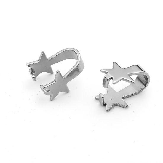 Picture of 304 Stainless Steel Pendant Pinch Bails Clasps U-shaped Pentagram Star Silver Tone 16mm x 12mm, 10 PCs