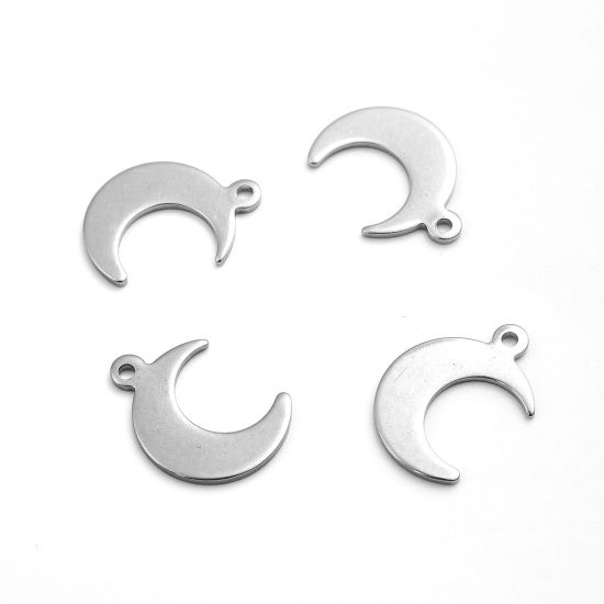 Picture of 304 Stainless Steel Charms Half Moon Silver Tone 16mm x 11mm, 10 PCs