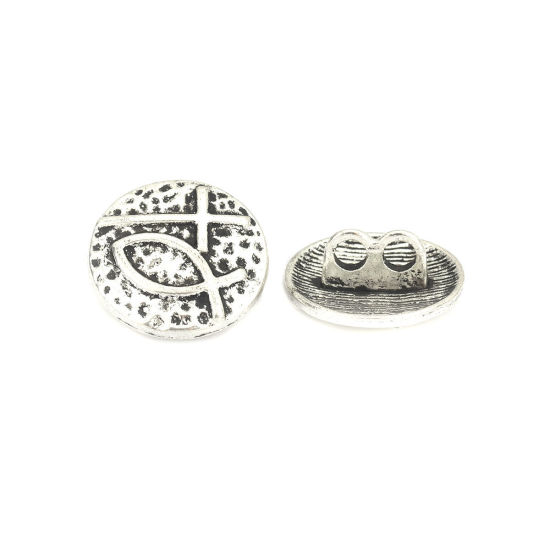 Picture of Zinc Based Alloy Sewing Shank Buttons Two Holes Round Antique Silver Color Fish Carved 18mm Dia., 25 PCs