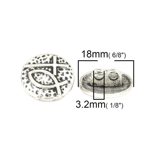 Picture of Zinc Based Alloy Sewing Shank Buttons Two Holes Round Antique Silver Color Fish Carved 18mm Dia., 25 PCs