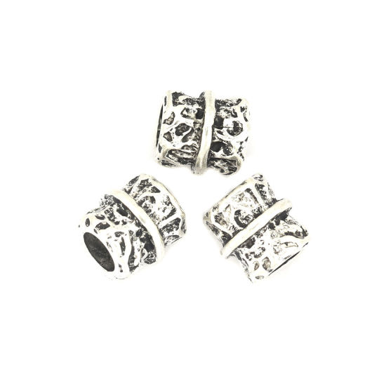 Immagine di Lega di Zinco Perline Cilindrico Argento Antico Intagliato Scolpisce Circa 10mm x 9mm, Foro:Circa 4.9mm, 20 Pz