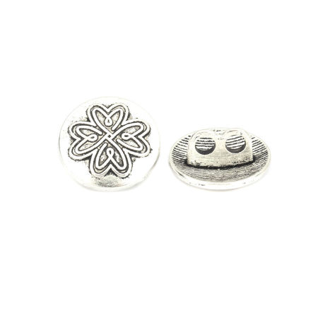Zinc Based Alloy Sewing Shank Buttons Two Holes Round Antique Silver Color Flower Carved 17mm Dia., 25 PCs