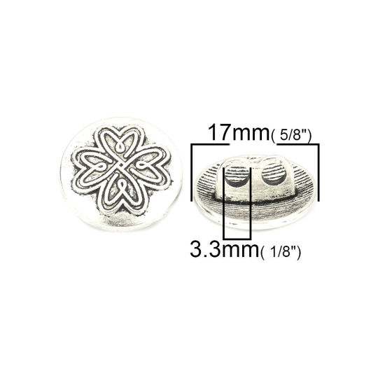 Picture of Zinc Based Alloy Sewing Shank Buttons Two Holes Round Antique Silver Color Flower Carved 17mm Dia., 25 PCs