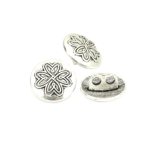 Picture of Zinc Based Alloy Sewing Shank Buttons Two Holes Round Antique Silver Color Flower Carved 17mm Dia., 25 PCs