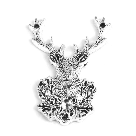 Picture of Zinc Based Alloy Pendants Christmas Reindeer Antique Silver Color (Can Hold ss22 Pointed Back Rhinestone) 5.1cm x 3.8cm, 5 PCs