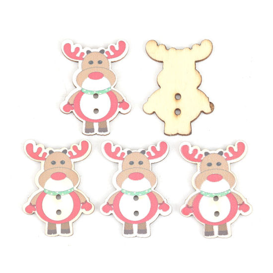 Picture of Wood Sewing Buttons Scrapbooking 2 Holes Christmas Reindeer Multicolor 32mm x 24mm, 25 PCs