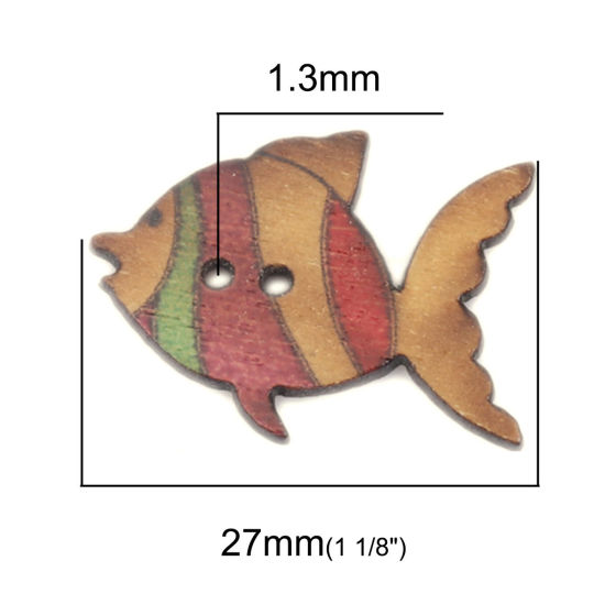 Image de Bouton de Couture en Bois Deux Trous Poisson Tropicale Couleur au Hasard 27mm x 19mm, 50 Pcs
