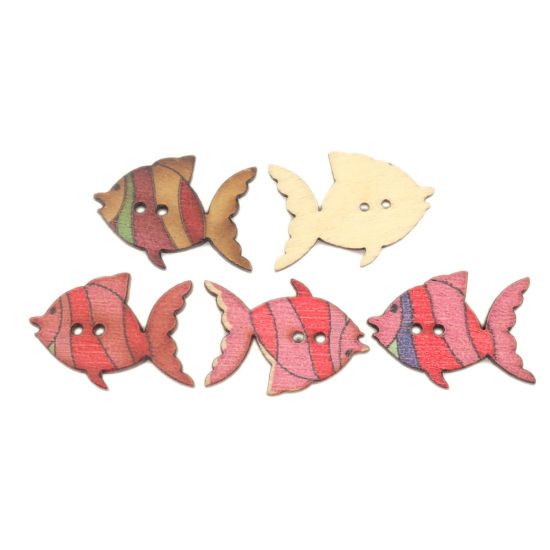 Image de Bouton de Couture en Bois Deux Trous Poisson Tropicale Couleur au Hasard 27mm x 19mm, 50 Pcs