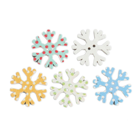 Picture of Wood Sewing Buttons Scrapbooking Two Holes Christmas Snowflake At Random Mixed 25mm x 23mm, 25 PCs