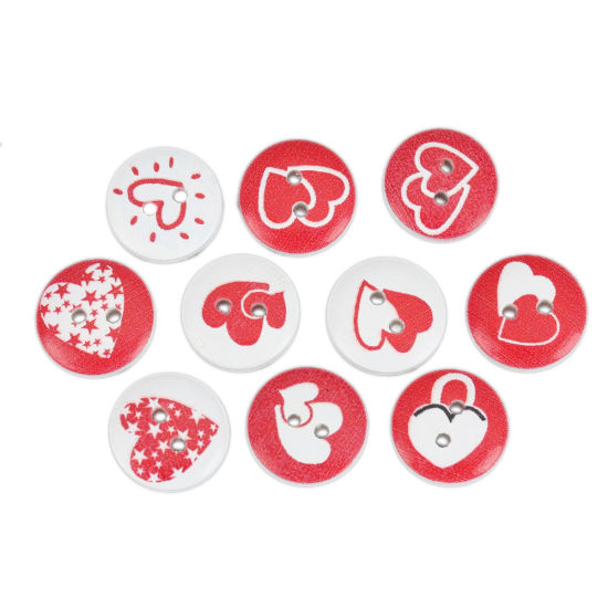 Picture of Natural Wood Sewing Buttons Scrapbooking Two Holes Round Disc White & Red Heart 15mm Dia., 100 PCs