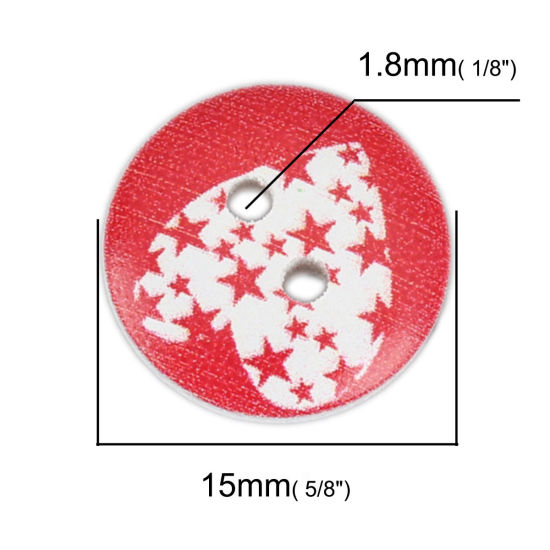 Picture of Natural Wood Sewing Buttons Scrapbooking Two Holes Round Disc White & Red Heart 15mm Dia., 100 PCs