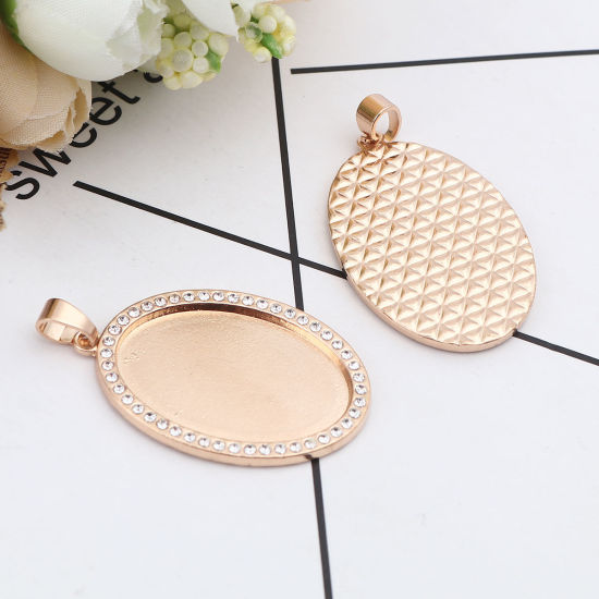 Picture of Zinc Based Alloy Cabochon Settings Pendants Oval Gold Plated (Fits 29mmx19mm) Clear Rhinestone 44mm x 25mm, 100 PCs