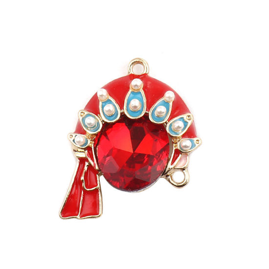 Immagine di Lega di Zinco Connettore Accessori Opera di Pechino Oro Placcato Multicolore Smalto Rosso Strass 23mm x 20mm, 4 Pz